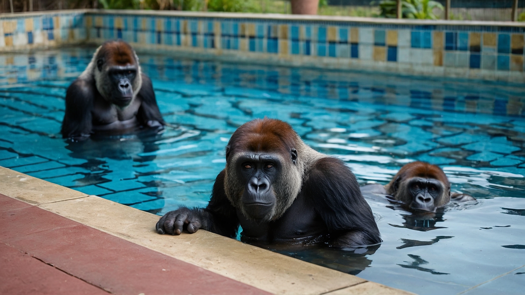 Drei Gorillas im Pool